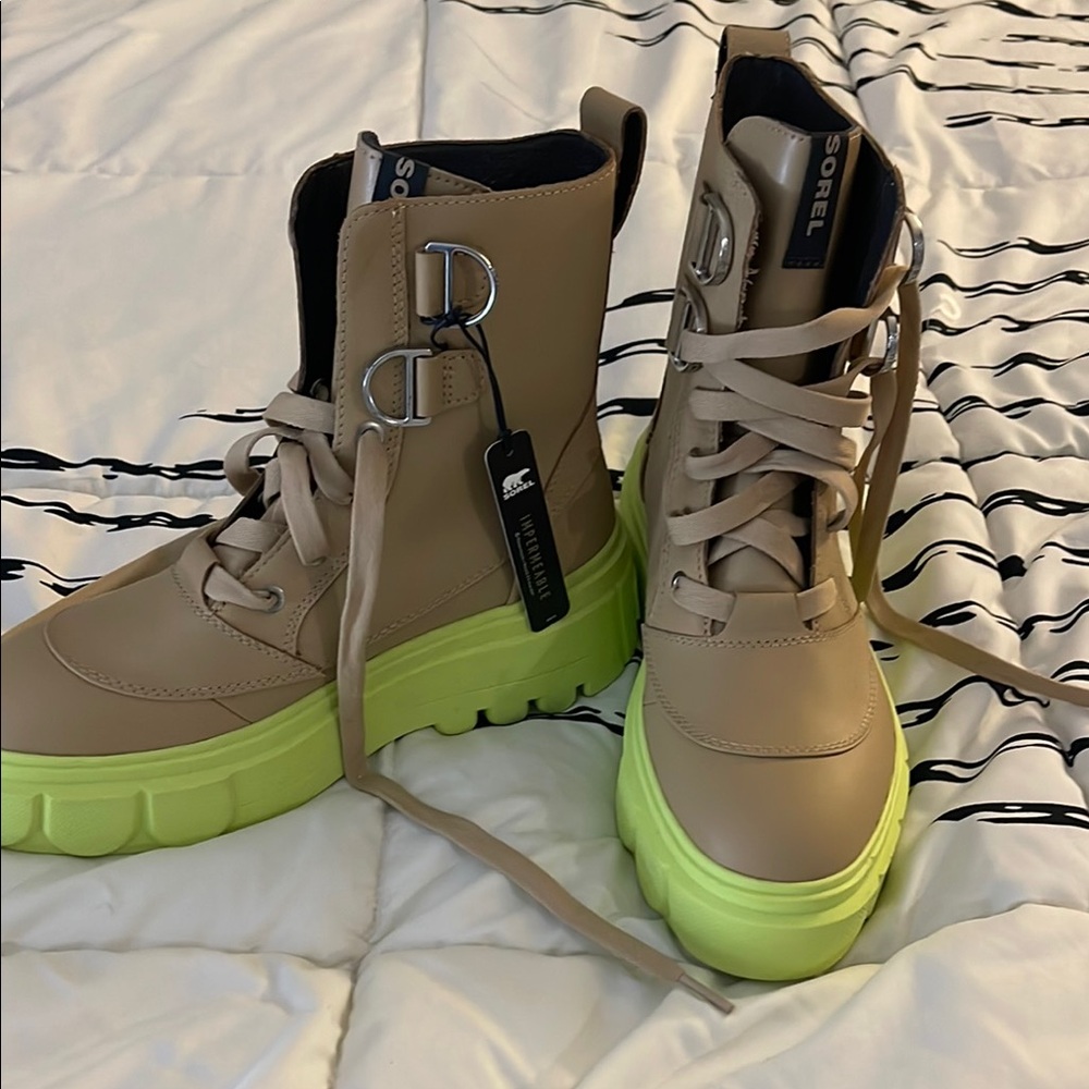 Sorel Tan and Neon Green Lace-Up Boots